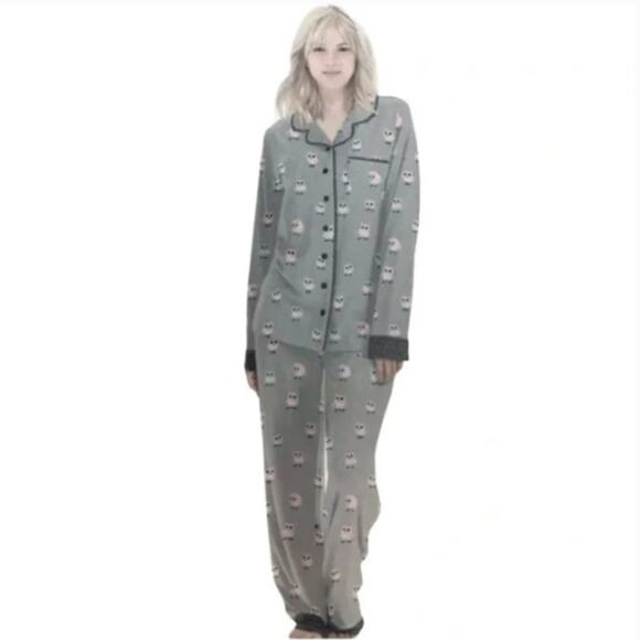 Munki Munki Women's Soft Flannel Barn Owl Pajamas Gray Size M - Picture 1 of 11